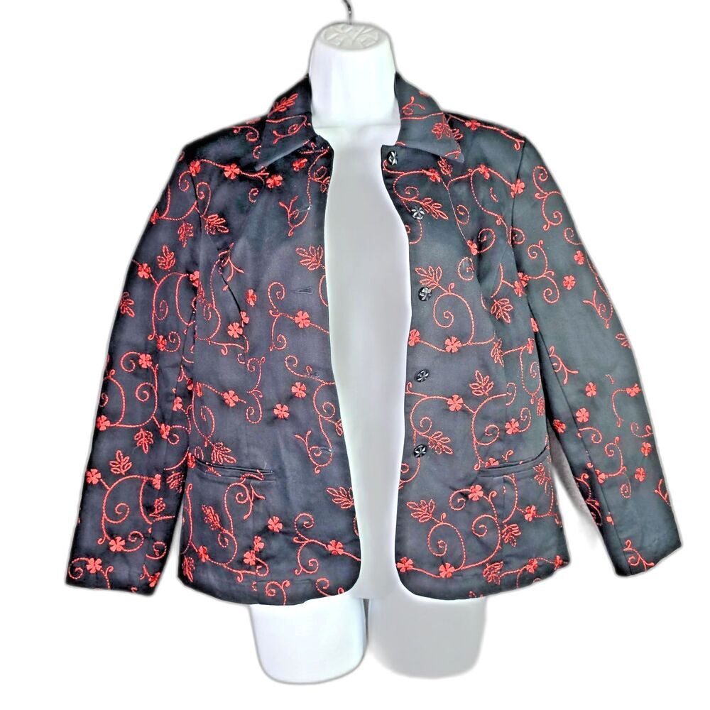 Christine Phillipe Black Red Floral Embroidered Cotton Jacket Size 8 Boho